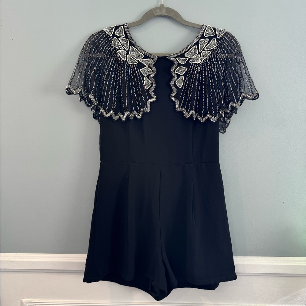 Modcloth Lace & Beads Black and Silver Beaded Embellished Romper w/ Capelet